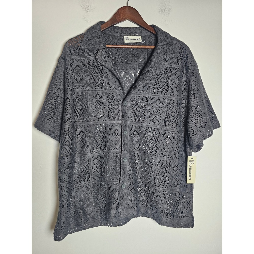Boho Crochet No Boundaries Knit Button Down Mens L Gray Short Sleeve Camp Shirt